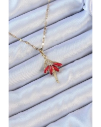 316L Çelik Zincir Altın Renk Kırmızı Etekli Zirkon Taşlı Balerin Kolye