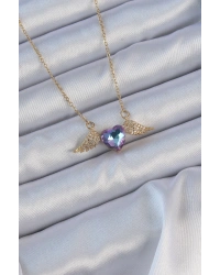 316L Çelik Zincir Altın Renk Mavi Mor Zirkon Taşlı Kanatlı Kalp Kolye