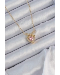 316L Çelik Zincir Altın Renk Pembe Zirkon Taşlı Fiyonklu Kalp Kolye
