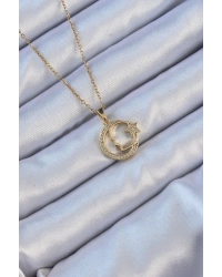 316L Çelik Zincir Altın Renk Zirkon Taşlı Ay Yıldız Simgeli Atatürk Kolye