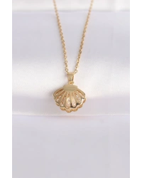 316L Çelik Zincir Altın Renk Zirkon Taşlı İnci Detay İstiridye Kolye