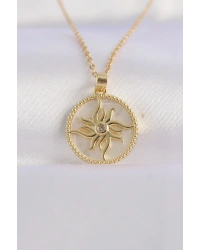 316L Çelik Zincir Altın Renk Zirkon Taşlı Oval Tasarım Güneş Kolye