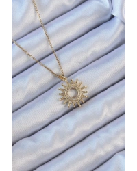 316L Çelik Zincir Altın Renk Zirkon Taşlı Parlayan Güneş Kolye