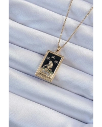 316L Çelik Zincir Altın Renk Zirkon Taşlı Siyah Mineli Kız Figürlü Tarot Kolye