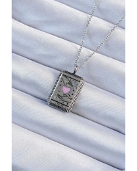 316L Çelik Zincir Eskitme Gümüş Renk Pembe Mineli Kalp Figürlü Tarot Kolye