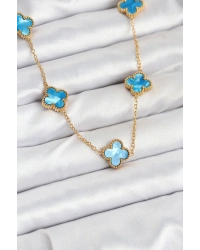 316L Çelik Zincir Gold Buz Mavisi Renk Yonca Kolye