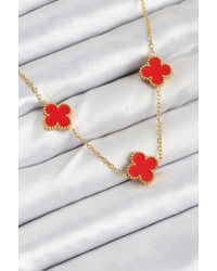 316L Çelik Zincir Gold Kırmızı Renk Yonca Kadın Kolye