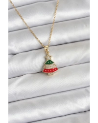 316L Çelik Zincir Gold Ren Çam Ağacı Model Zirkon Taşlı Yılbaşı Temalı Kadın Kolye