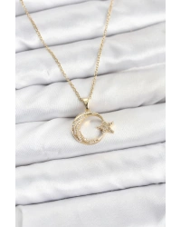 316L Çelik Zincir Gold Renk Ay Yıldız Model Zirkon Taşlı Kadın Kolye