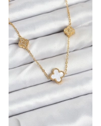 316L Çelik Zincir Gold Renk Beyaz ve Zirkon Taşlı Yonca Kadın Kolye