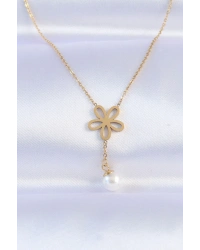 316L Çelik Zincir Gold Renk İnci Detay Çiçek Kolye