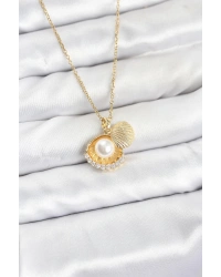 316L Çelik Zincir Gold Renk İncili Deniz Kabuğu Model Zirkon Taşlı Kadın Kolye