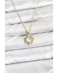 316L Çelik Zincir Gold Renk Kalp Model Zirkon Taşlı Kadın Kolye