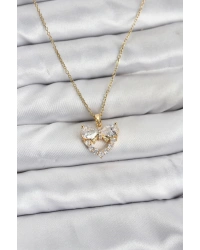 316L Çelik Zincir Gold Renk Kalp ve Fiyonk Model Zirkon Taşlı Kadın Kolye