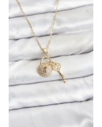 316L Çelik Zincir Gold Renk Kilit Anahtar Model Zirkon Taşlı Kadın Kolye