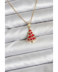 316L Çelik Zincir Gold Renk Kırmızı Çam Ağacı Model Yılbaşı Temalı Kadın Kolye