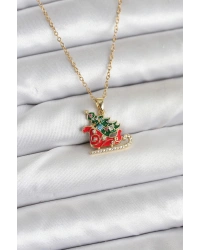 316L Çelik Zincir Gold Renk Kızak ve Çam Ağacı Figürlü Yılbaşı Temalı Kadın Kolye