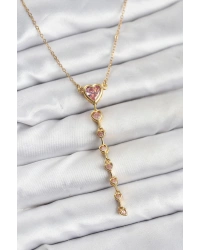 316L Çelik Zincir Gold Renk Pembe Kalp Kadın Kolye