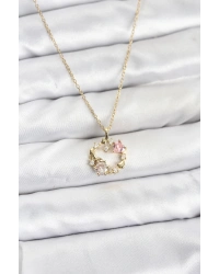 316L Çelik Zincir Gold Renk Pembe Taş Detaylı Çelenk Model Kadın Kolye