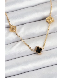 316L Çelik Zincir Gold Renk Siyah ve Zirkon Taşlı Baby Boy Yonca Kadın Kolye