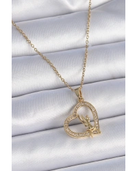 316L Çelik Zincir Gold Renk Zirkon Taşlı Kalp Model Melek Detay Kadın Kolye