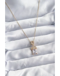 316L Çelik Zincir Gold Renk Zirkon Taşlı Taç Model Kadın Kolye