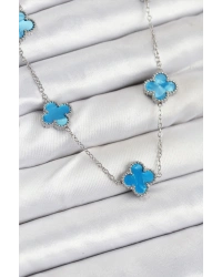 316L Çelik Zincir Gümüş Buz Mavisi Renk Yonca Kadın Kolye