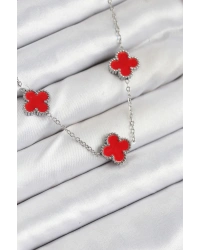 316L Çelik Zincir Gümüş Kırmızı Renk Yonca Kadın Kolye