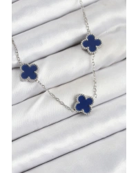 316L Çelik Zincir Gümüş Lacivert Renk Yonca Kadın Kolye