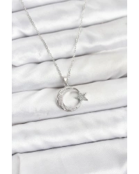 316L Çelik Zincir Gümüş Renk Ay Yıldız Model Zirkon Taşlı Kadın Kolye