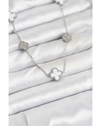 316L Çelik Zincir Gümüş Renk Beyaz ve Zirkon Taşlı Yonca Kadın Kolye