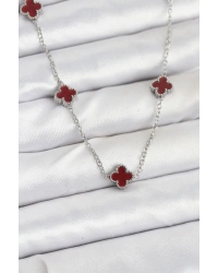 316L Çelik Zincir Gümüş Renk Bordo Baby Boy Yonca Kadın Kolye