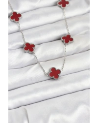 316L Çelik Zincir Gümüş Renk Bordo Renk Yonca Kadın Kolye