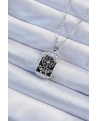 316L Çelik Zincir Gümüş Renk İşlemeli Siyah Mineli Tarot Kolye