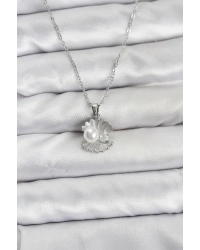 316L Çelik Zincir Gümüş Renk İstiridye İnci Model Zirkon Taşlı Kadın Kolye