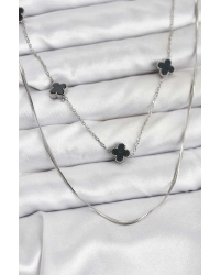 316L Çelik Zincir Gümüş Renk İtalyan Zincirli Siyah Yonca Model Kadın Kolye