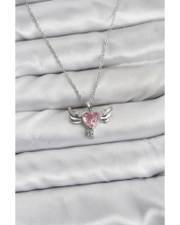 316L Çelik Zincir Gümüş Renk Kanatlı Kalp Model Zirkon Taşlı Kadın Kolye