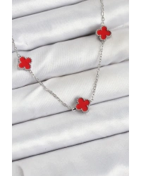 316L Çelik Zincir Gümüş Renk Kırmızı Baby Boy Yonca Kadın Kolye