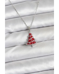 316L Çelik Zincir Gümüş Renk Kırmızı Çam Ağacı Model Yılbaşı Temalı Kadın Kolye