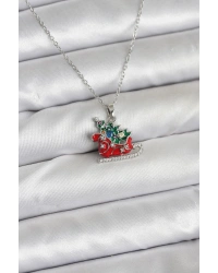 316L Çelik Zincir Gümüş Renk Kızak ve Çam Ağacı Figürlü Yılbaşı Temalı Kadın Kolye