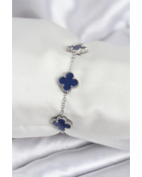 316L Çelik Zincir Gümüş Renk Lacivert Yonca Kadın Bileklik