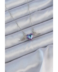 316L Çelik Zincir Gümüş Renk Mavi Mor Zirkon Taşlı Kanatlı Kalp Kolye