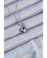 316L Çelik Zincir Gümüş Renk Mor Mavi Renk Zirkon Taşlı Kalp Detay Peri Kolye