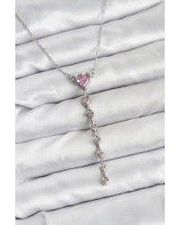316L Çelik Zincir Gümüş Renk Pembe Kalp Kadın Kolye