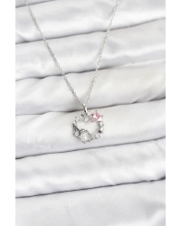 316L Çelik Zincir Gümüş Renk Pembe Taş Detaylı Çelenk Model Kadın Kolye