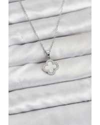 316L Çelik Zincir Gümüş Renk Sedefli Yonca Kadın Kolye