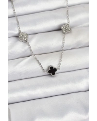 316L Çelik Zincir Gümüş Renk Siyah ve Zirkon Taşlı Baby Boy Yonca Kadın Kolye