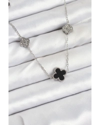 316L Çelik Zincir Gümüş Renk Siyah ve Zirkon Taşlı Yonca Kadın Kolye