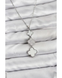 316L Çelik Zincir Gümüş Renk Yonca Detaylı Zirkon Taşlı Kadın Kolye