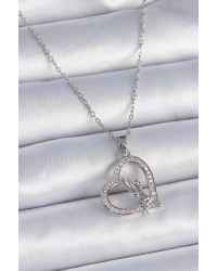 316L Çelik Zincir Gümüş Renk Zirkon Taşlı Kalp Model Melek Detay Kadın Kolye